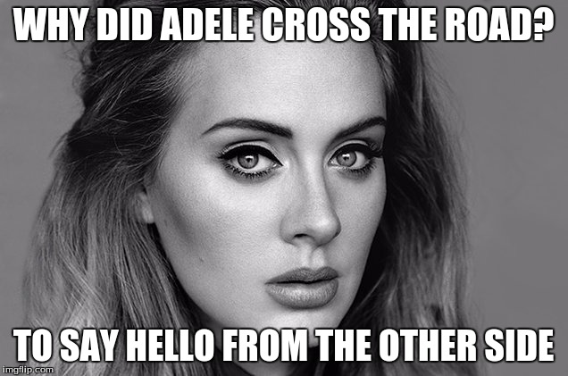 Why did Adele cross the road? | WHY DID ADELE CROSS THE ROAD? TO SAY HELLO FROM THE OTHER SIDE | image tagged in adele,adele hello | made w/ Imgflip meme maker