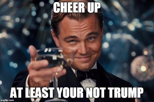 Leonardo Dicaprio Cheers Meme | CHEER UP AT LEAST YOUR NOT TRUMP | image tagged in memes,leonardo dicaprio cheers | made w/ Imgflip meme maker