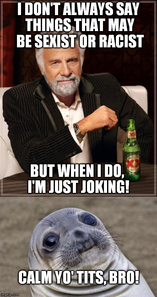 Every time someone overreacts to my jokes... | I DON'T ALWAYS SAY THINGS THAT MAY BE SEXIST OR RACIST; BUT WHEN I DO, I'M JUST JOKING! CALM YO' TITS, BRO! | image tagged in meme,the most interesting man in the world,awkward sealion | made w/ Imgflip meme maker