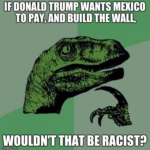 Philosoraptor | IF DONALD TRUMP WANTS MEXICO TO PAY, AND BUILD THE WALL, WOULDN'T THAT BE RACIST? | image tagged in memes,philosoraptor | made w/ Imgflip meme maker