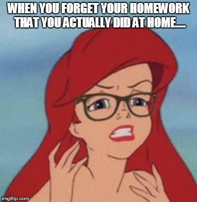 Hipster Ariel Meme | WHEN YOU FORGET YOUR HOMEWORK THAT YOU ACTUALLY DID AT HOME.... | image tagged in memes,hipster ariel | made w/ Imgflip meme maker