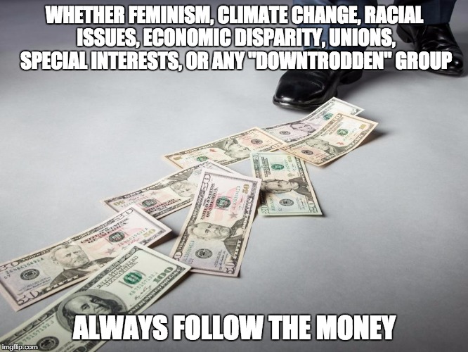 WHETHER FEMINISM, CLIMATE CHANGE, RACIAL ISSUES, ECONOMIC DISPARITY, UNIONS, SPECIAL INTERESTS, OR ANY "DOWNTRODDEN" GROUP; ALWAYS FOLLOW THE MONEY | image tagged in follow the money | made w/ Imgflip meme maker