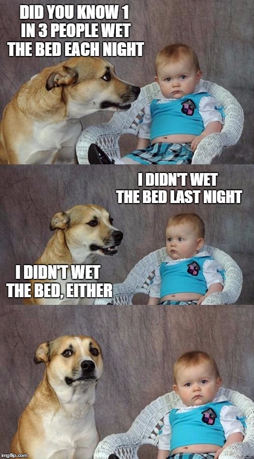 Dad Joke Dog | DID YOU KNOW 1 IN 3 PEOPLE WET THE BED EACH NIGHT; I DIDN'T WET THE BED LAST NIGHT; I DIDN'T WET THE BED, EITHER | image tagged in memes,dad joke dog | made w/ Imgflip meme maker