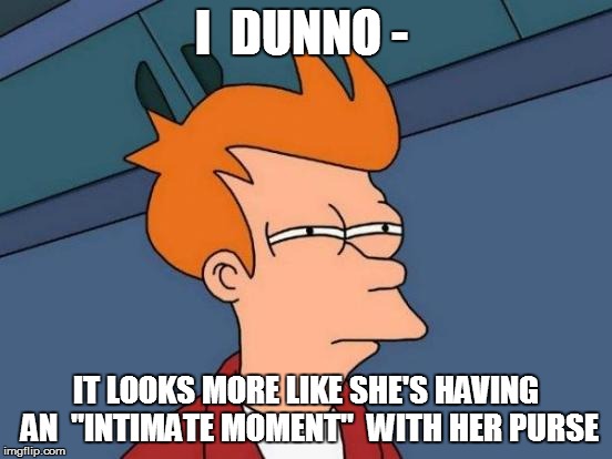 Futurama Fry Meme | I  DUNNO - IT LOOKS MORE LIKE SHE'S HAVING AN  ''INTIMATE MOMENT''  WITH HER PURSE | image tagged in memes,futurama fry | made w/ Imgflip meme maker