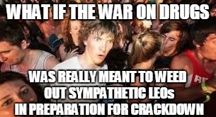 suddenly clear clarence | WHAT IF THE WAR ON DRUGS; WAS REALLY MEANT TO WEED OUT SYMPATHETIC LEOs IN PREPARATION FOR CRACKDOWN | image tagged in suddenly clear clarence | made w/ Imgflip meme maker