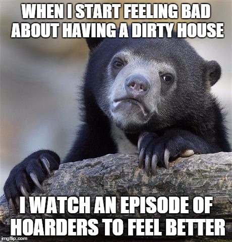 Confession Bear Meme | WHEN I START FEELING BAD ABOUT HAVING A DIRTY HOUSE; I WATCH AN EPISODE OF HOARDERS TO FEEL BETTER | image tagged in memes,confession bear | made w/ Imgflip meme maker