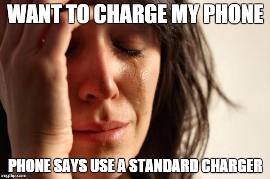 This happened to me a couple of times LOL | WANT TO CHARGE MY PHONE; PHONE SAYS USE A STANDARD CHARGER | image tagged in memes,first world problems,funny,phone | made w/ Imgflip meme maker