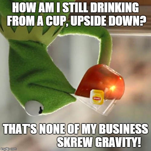 But That's None Of My Business Meme | HOW AM I STILL DRINKING FROM A CUP, UPSIDE DOWN? THAT'S NONE OF MY BUSINESS                     SKREW GRAVITY! | image tagged in memes,but thats none of my business,kermit the frog | made w/ Imgflip meme maker