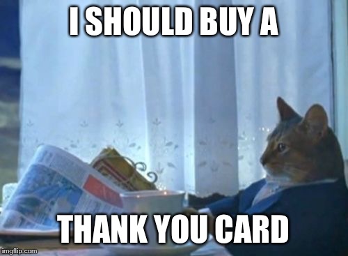 I Should Buy a Boat Cat | I SHOULD BUY A THANK YOU CARD | image tagged in i should buy a boat cat | made w/ Imgflip meme maker