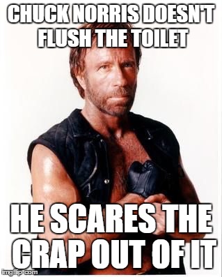 CHUCK NORRIS DOESN'T FLUSH THE TOILET; HE SCARES THE CRAP OUT OF IT | image tagged in memes,chuck norris | made w/ Imgflip meme maker