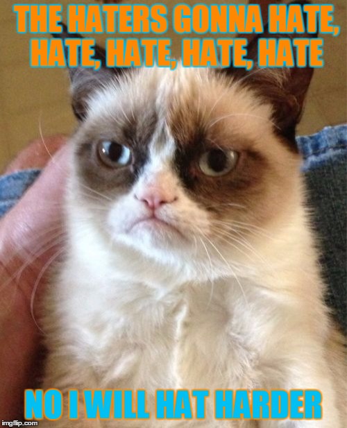 Grumpy Cat Meme | THE HATERS GONNA HATE, HATE, HATE, HATE, HATE; NO I WILL HAT HARDER | image tagged in memes,grumpy cat | made w/ Imgflip meme maker