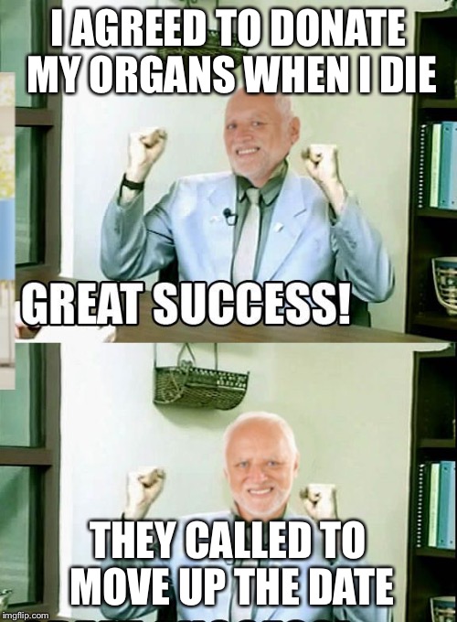 Great Success Harold | I AGREED TO DONATE MY ORGANS WHEN I DIE THEY CALLED TO MOVE UP THE DATE | image tagged in great success harold | made w/ Imgflip meme maker