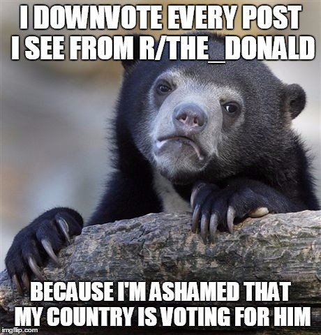 Confession Bear Meme | I DOWNVOTE EVERY POST I SEE FROM R/THE_DONALD; BECAUSE I'M ASHAMED THAT MY COUNTRY IS VOTING FOR HIM | image tagged in memes,confession bear,AdviceAnimals | made w/ Imgflip meme maker