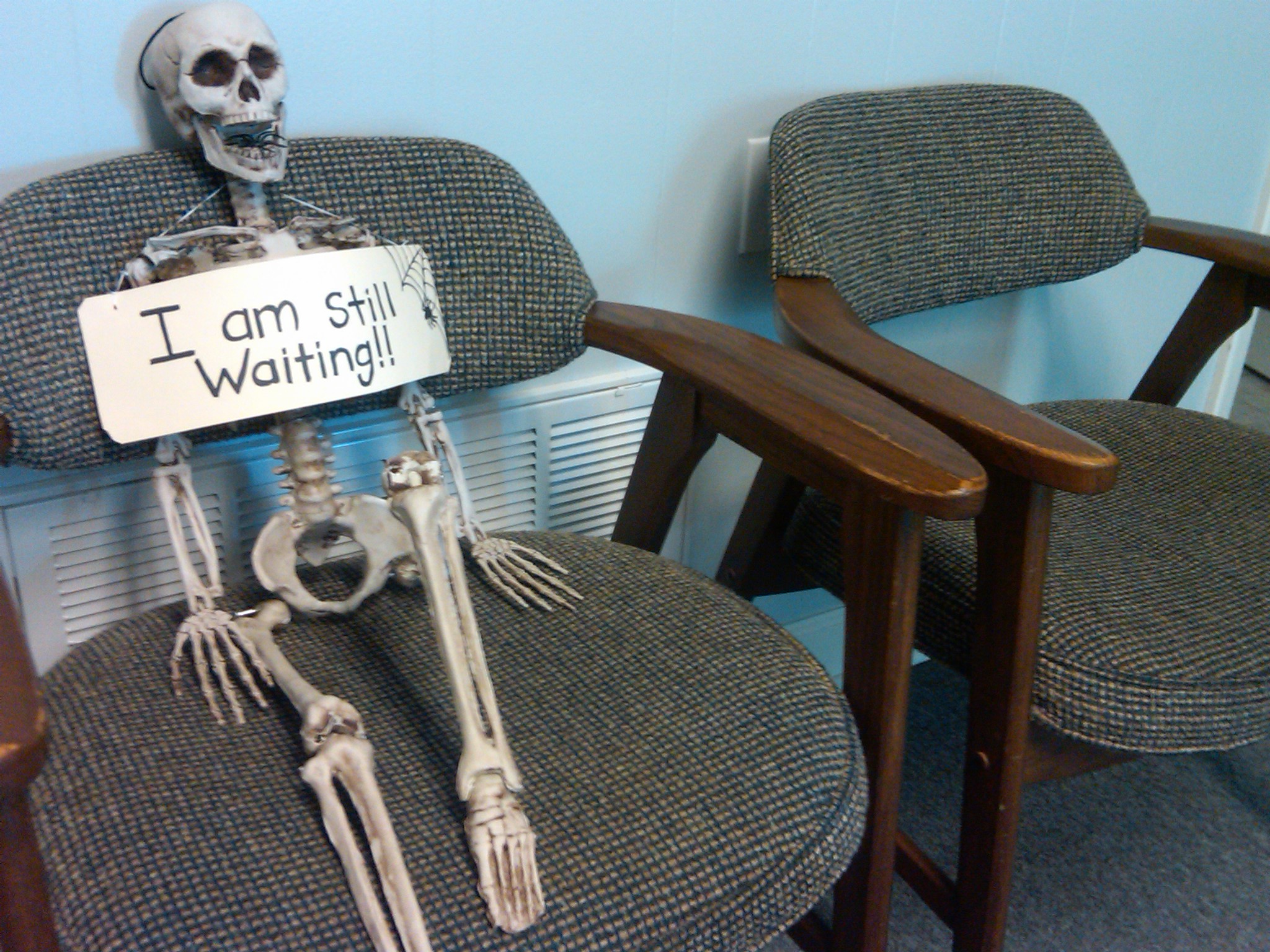 No "waiting room skeleton" memes have been featured yet. 