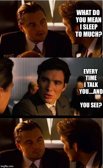 I at first thought the guy was sleeping! | WHAT DO YOU MEAN I SLEEP TO MUCH? EVERY TIME I TALK YOU....AND YOU SEE? | image tagged in memes,inception | made w/ Imgflip meme maker