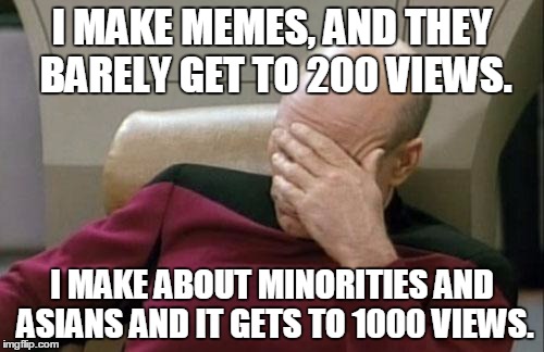 Captain Picard Facepalm | I MAKE MEMES, AND THEY BARELY GET TO 200 VIEWS. I MAKE ABOUT MINORITIES AND ASIANS AND IT GETS TO 1000 VIEWS. | image tagged in memes,captain picard facepalm | made w/ Imgflip meme maker