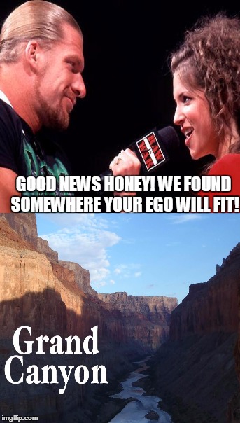 HHH's ego | GOOD NEWS HONEY! WE FOUND SOMEWHERE YOUR EGO WILL FIT! | image tagged in trilple h,stephanie mcmahon,wwe,memes,pro wrestling | made w/ Imgflip meme maker