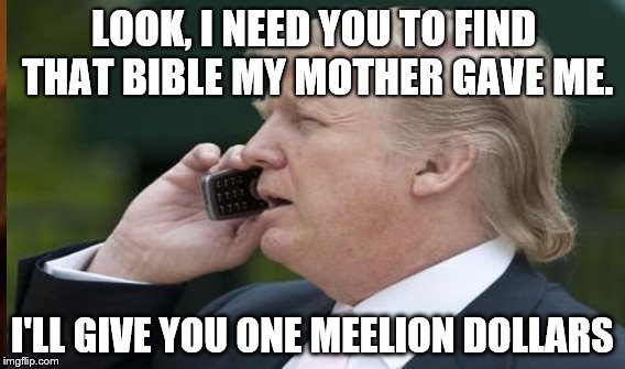 LOOK, I NEED YOU TO FIND THAT BIBLE MY MOTHER GAVE ME. I'LL GIVE YOU ONE MEELION DOLLARS | image tagged in donald trump | made w/ Imgflip meme maker