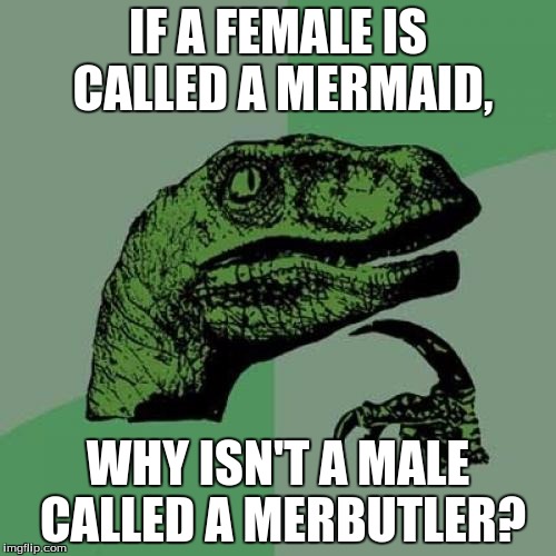 Philosoraptor | IF A FEMALE IS CALLED A MERMAID, WHY ISN'T A MALE CALLED A MERBUTLER? | image tagged in memes,philosoraptor | made w/ Imgflip meme maker