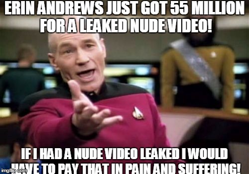 Picard Wtf | ERIN ANDREWS JUST GOT 55 MILLION FOR A LEAKED NUDE VIDEO! IF I HAD A NUDE VIDEO LEAKED I WOULD HAVE TO PAY THAT IN PAIN AND SUFFERING! | image tagged in memes,picard wtf | made w/ Imgflip meme maker