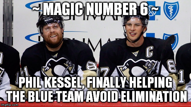 Blue Team Elimination Countdown ~6~ | ~ MAGIC NUMBER 6 ~; PHIL KESSEL, FINALLY HELPING THE BLUE TEAM AVOID ELIMINATION | image tagged in nhl,toronto maple leafs,blue team elimination countdown | made w/ Imgflip meme maker