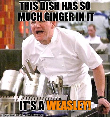 Chef Gordon Ramsay Meme | THIS DISH HAS SO MUCH GINGER IN IT; IT'S A WEASLEY! WEASLEY! | image tagged in memes,chef gordon ramsay,ginger,weasley | made w/ Imgflip meme maker