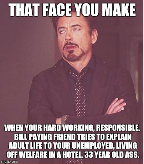 Face You Make Robert Downey Jr | THAT FACE YOU MAKE; WHEN YOUR HARD WORKING, RESPONSIBLE, BILL PAYING FRIEND TRIES TO EXPLAIN ADULT LIFE TO YOUR UNEMPLOYED, LIVING OFF WELFARE IN A HOTEL, 33 YEAR OLD ASS. | image tagged in memes,face you make robert downey jr | made w/ Imgflip meme maker