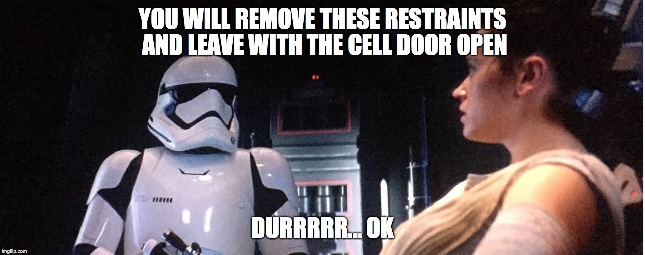 YOU WILL REMOVE THESE RESTRAINTS AND LEAVE WITH THE CELL DOOR OPEN; DURRRRR... OK | image tagged in rey using the force | made w/ Imgflip meme maker