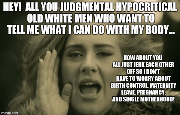adele hello | HEY!  ALL YOU JUDGMENTAL HYPOCRITICAL OLD WHITE MEN WHO WANT TO TELL ME WHAT I CAN DO WITH MY BODY... HOW ABOUT YOU ALL JUST JERK EACH OTHER OFF SO I DON'T HAVE TO WORRY ABOUT BIRTH CONTROL, MATERNITY LEAVE, PREGNANCY, AND SINGLE MOTHERHOOD! | image tagged in adele hello | made w/ Imgflip meme maker