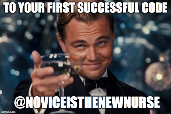 Leonardo Dicaprio Cheers | TO YOUR FIRST SUCCESSFUL CODE; @NOVICEISTHENEWNURSE | image tagged in memes,leonardo dicaprio cheers | made w/ Imgflip meme maker