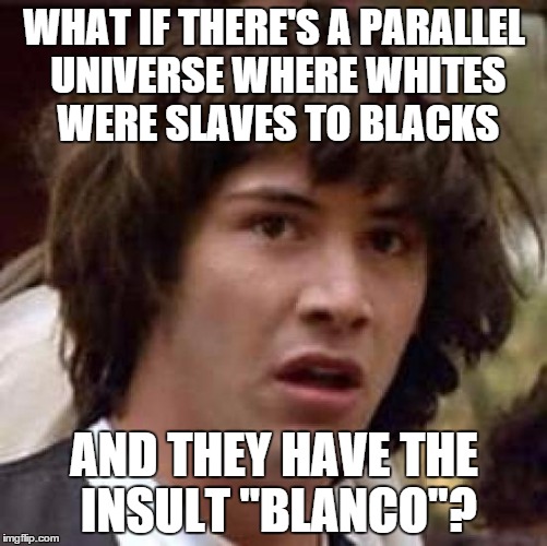 Conspiracy Keanu | WHAT IF THERE'S A PARALLEL UNIVERSE WHERE WHITES WERE SLAVES TO BLACKS; AND THEY HAVE THE INSULT "BLANCO"? | image tagged in memes,conspiracy keanu,parallel universe guy,racism,black,white | made w/ Imgflip meme maker