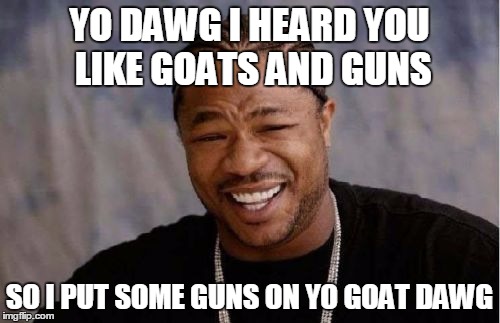 Yo Dawg Heard You Meme | YO DAWG I HEARD YOU LIKE GOATS AND GUNS SO I PUT SOME GUNS ON YO GOAT DAWG | image tagged in memes,yo dawg heard you | made w/ Imgflip meme maker