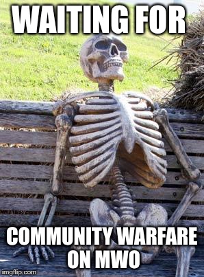 Waiting Skeleton Meme | WAITING FOR; COMMUNITY WARFARE ON MWO | image tagged in memes,waiting skeleton,mwo | made w/ Imgflip meme maker