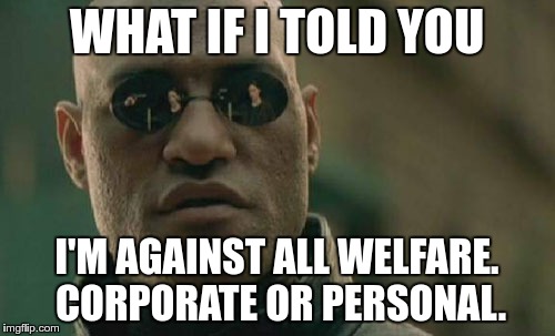 Matrix Morpheus Meme | WHAT IF I TOLD YOU I'M AGAINST ALL WELFARE. CORPORATE OR PERSONAL. | image tagged in memes,matrix morpheus | made w/ Imgflip meme maker