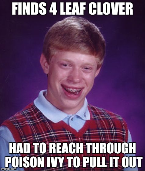 Bad Luck Brian Meme | FINDS 4 LEAF CLOVER; HAD TO REACH THROUGH POISON IVY TO PULL IT OUT | image tagged in memes,bad luck brian | made w/ Imgflip meme maker