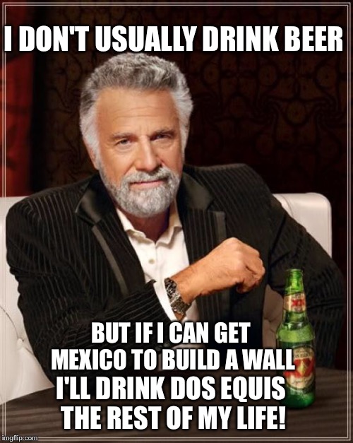 The Most Interesting Man In The World Meme | I DON'T USUALLY DRINK BEER I'LL DRINK DOS EQUIS THE REST OF MY LIFE! BUT IF I CAN GET MEXICO TO BUILD A WALL | image tagged in memes,the most interesting man in the world | made w/ Imgflip meme maker