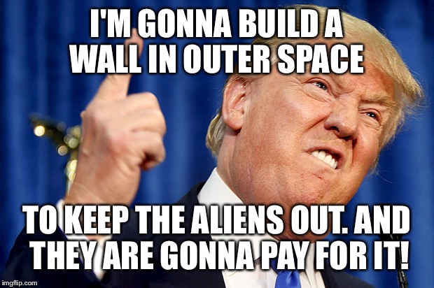 Illegal alien policy | I'M GONNA BUILD A WALL IN OUTER SPACE; TO KEEP THE ALIENS OUT. AND THEY ARE GONNA PAY FOR IT! | image tagged in donald trump,outer space,alien,wall,pay for wall | made w/ Imgflip meme maker