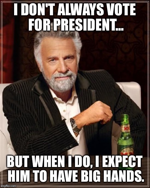 The Most Interesting Man In The World | I DON'T ALWAYS VOTE FOR PRESIDENT... BUT WHEN I DO, I EXPECT HIM TO HAVE BIG HANDS. | image tagged in memes,the most interesting man in the world | made w/ Imgflip meme maker