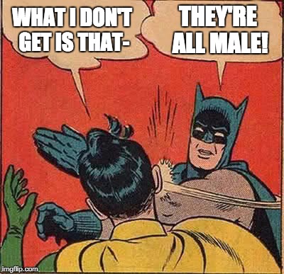 Batman Slapping Robin Meme | WHAT I DON'T GET IS THAT- THEY'RE ALL MALE! | image tagged in memes,batman slapping robin | made w/ Imgflip meme maker