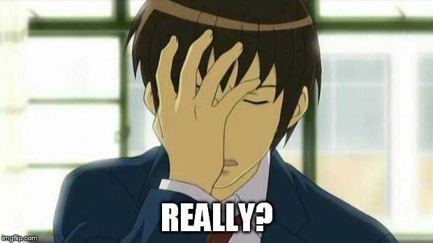 Kyon Facepalm Ver 2 | REALLY? | image tagged in kyon facepalm ver 2 | made w/ Imgflip meme maker