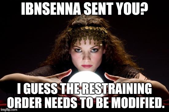 Fortune teller | IBNSENNA SENT YOU? I GUESS THE RESTRAINING ORDER NEEDS TO BE MODIFIED. | image tagged in fortune teller | made w/ Imgflip meme maker