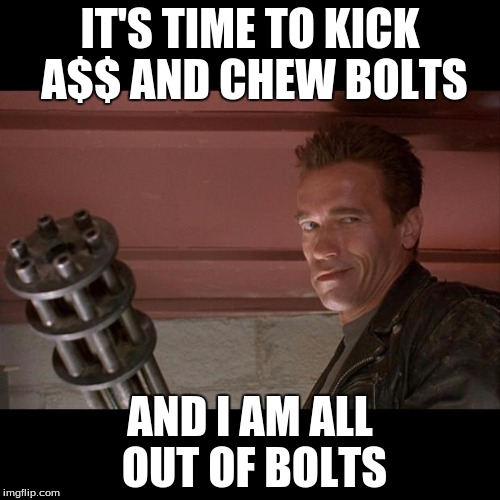 Terminator Meme | IT'S TIME TO KICK A$$ AND CHEW BOLTS; AND I AM ALL OUT OF BOLTS | image tagged in terminator meme | made w/ Imgflip meme maker