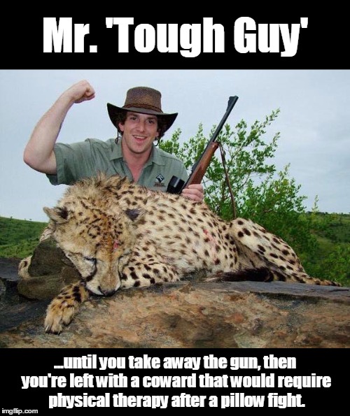 I have a tiny 'gun'... | Mr. 'Tough Guy'; ...until you take away the gun, then you're left with a coward that would require physical therapy after a pillow fight. | image tagged in humor,coward,loser | made w/ Imgflip meme maker