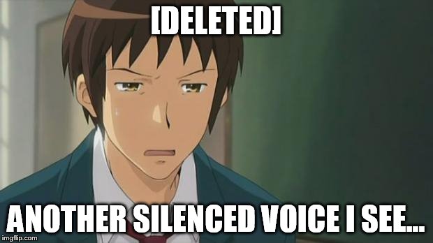 Kyon WTF | [DELETED]; ANOTHER SILENCED VOICE I SEE... | image tagged in kyon wtf | made w/ Imgflip meme maker