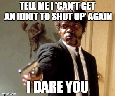 Say That Again I Dare You Meme | TELL ME I 'CAN'T GET AN IDIOT TO SHUT UP' AGAIN I DARE YOU | image tagged in memes,say that again i dare you | made w/ Imgflip meme maker