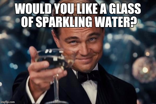 WOULD YOU LIKE A GLASS OF SPARKLING WATER? | image tagged in memes,leonardo dicaprio cheers | made w/ Imgflip meme maker