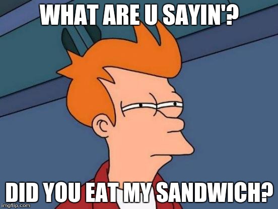 Futurama Fry | WHAT ARE U SAYIN'? DID YOU EAT MY SANDWICH? | image tagged in memes,futurama fry | made w/ Imgflip meme maker