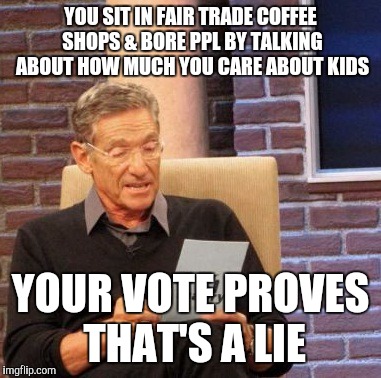 Maury Lie Detector Meme | YOU SIT IN FAIR TRADE COFFEE SHOPS & BORE PPL BY TALKING ABOUT HOW MUCH YOU CARE ABOUT KIDS YOUR VOTE PROVES THAT'S A LIE | image tagged in memes,maury lie detector | made w/ Imgflip meme maker