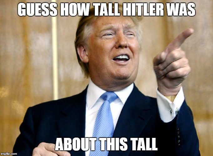 donald trump | GUESS HOW TALL HITLER WAS; ABOUT THIS TALL | image tagged in donald trump | made w/ Imgflip meme maker