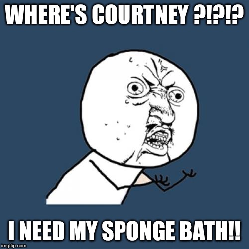 Y U No | WHERE'S COURTNEY ?!?!? I NEED MY SPONGE BATH!! | image tagged in memes,y u no | made w/ Imgflip meme maker